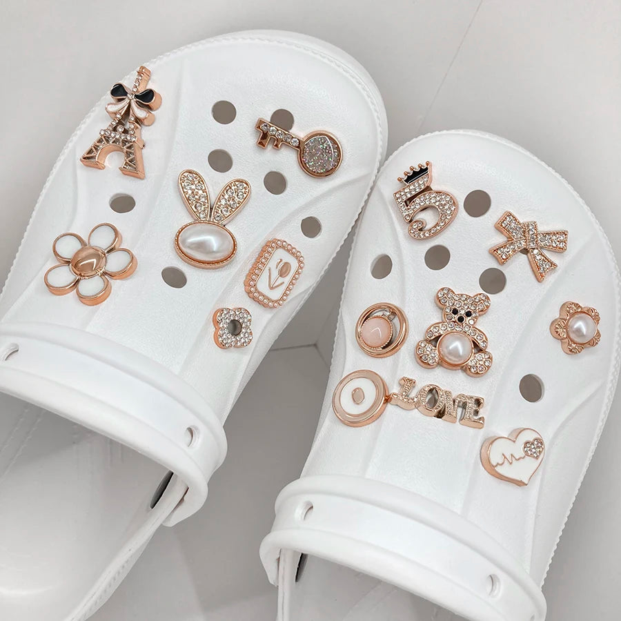 14pcs Sparkling Golden Faux Pearl Shoe Charms Pins Set DIY Detachable Shoe Decoration Suitable For CROCS Clogs Party Gift Idea