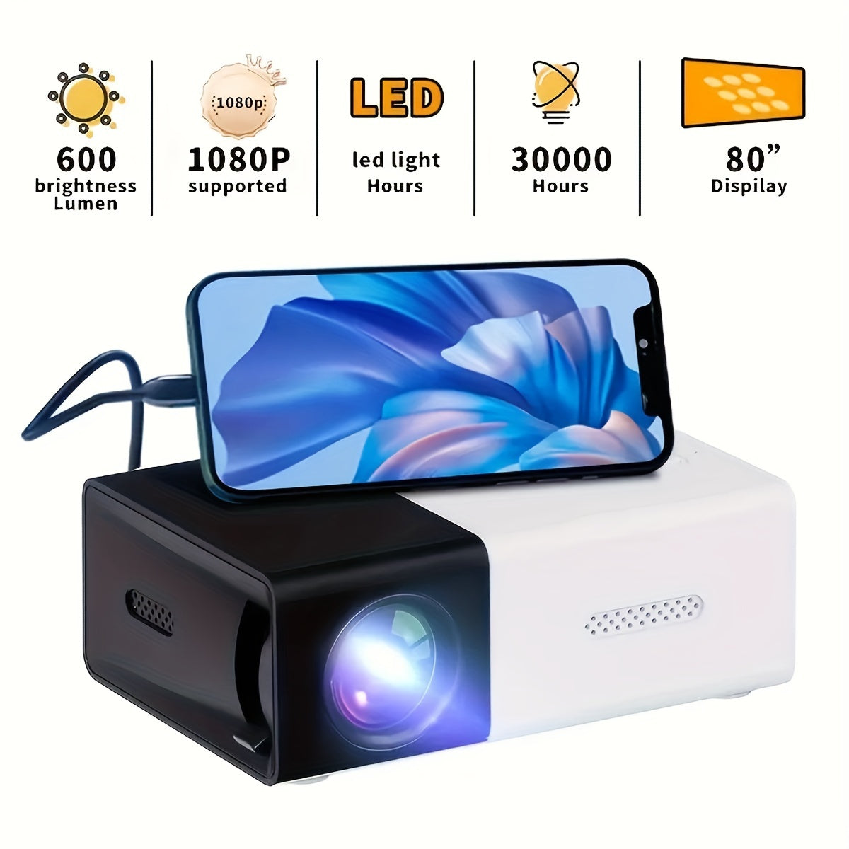 Portable Mini Home Theater Projector - HD Cinema Experience with Smartphone Wired Screen Sharing, Compact Design, and Easy Setup for Indoor and Outdoor Use