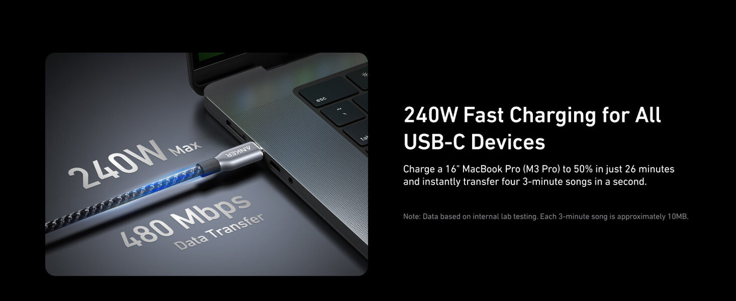 New Anker Prime USB C to USB C Cable, 240W 6 ft Fast Charging USB C Cable, Upcycled-Braided Nylon with 100-Year Bend Durability