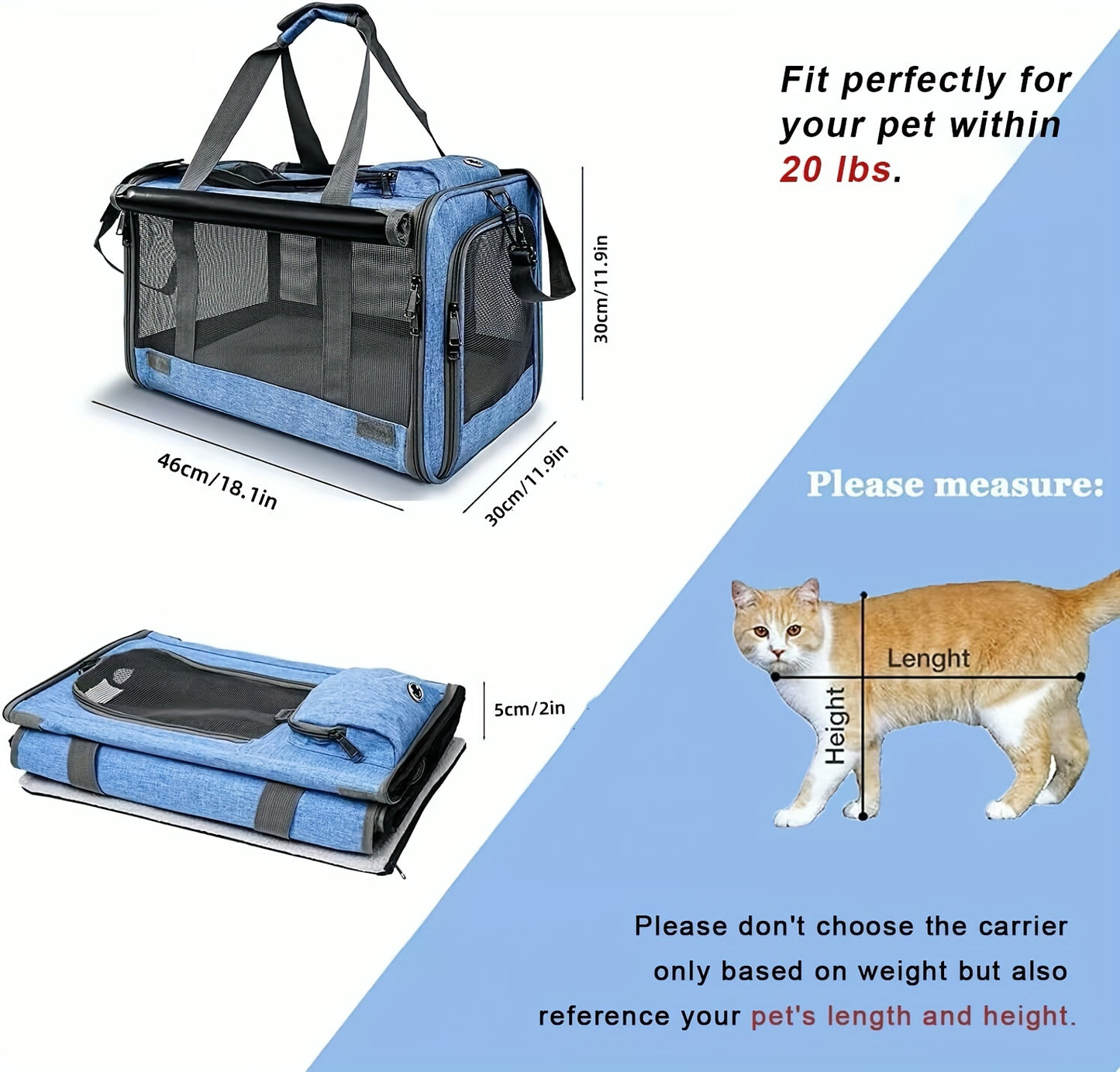 1pc Large Soft-Sided Cat Carrier - Comfortable, Airline Approved, Portable Pet Travel Bag for Kitten, Dog, Reptile, Squirrel - Durable, Easy to Clean, Ventilated Design