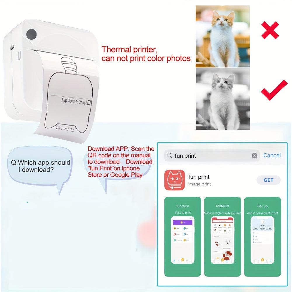 11 Rolls Portable Mini Wireless Thermal Photo Printer - Compact, Inkless, Single-Color Printing for Smartphone, Windows, Study Notes, Labels, and Receipts with Rechargeable Lithium Battery and USB Charging