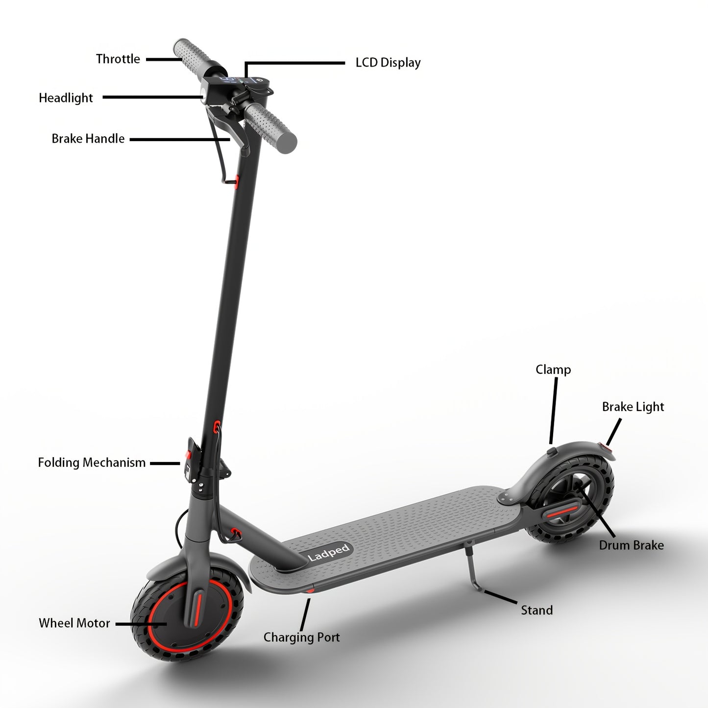 LADPED Electric Scooter | 350W 36V 5.2AH-10.5AH, 8.5" Solid Tires, 19 Mile Range, 3 Modes, High Speed, Foldable, Height Adjustable, Aluminum Alloy, Red and, Ideal for City Streets, Parks, Campus Pathways, Long