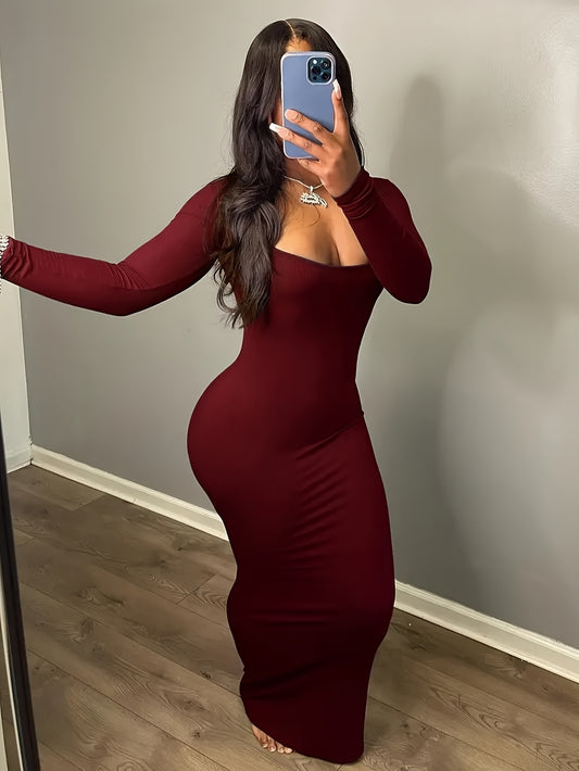 Women's Long Sleeve Bodycon Midi Dress - Elegant Brown, Stretchy Polyester/Spandex Blend, Machine Washable, Perfect for Spring/Summer/Fall Events, Smartphone Accessibility|Elegant Long Sleeve|Knit Construction