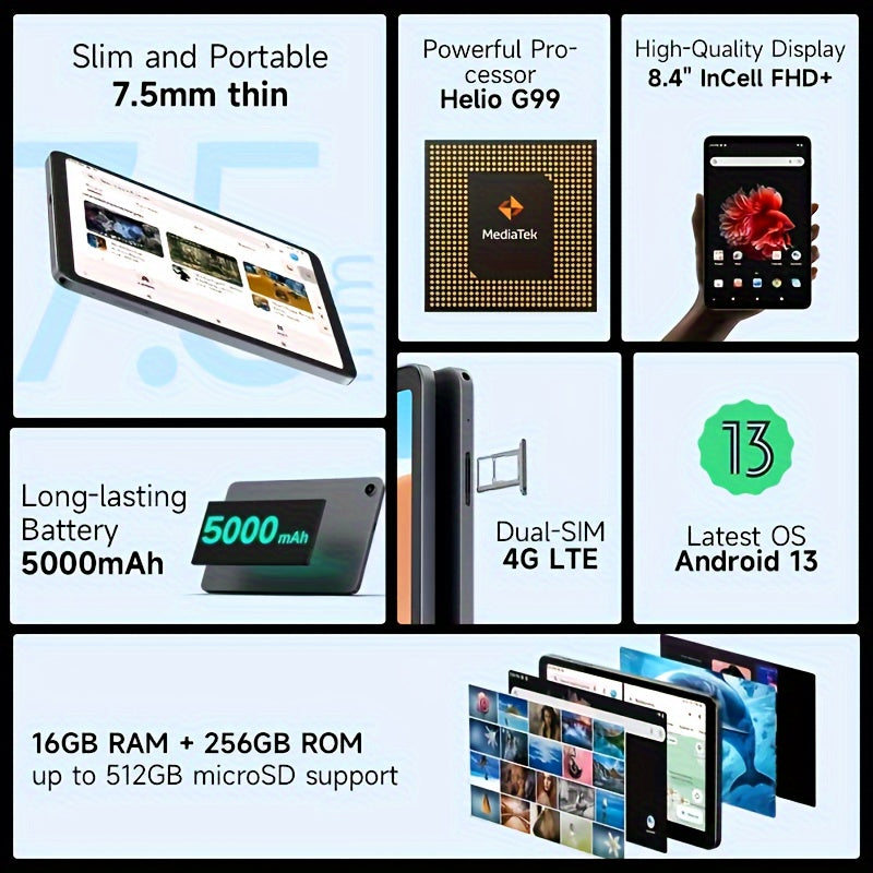 8.4 Inch Tablet 16 (8+8)+256GB Helio G99 For Android 13 With Widevine L1 NF By ALLDOCUBE, IPlay50 Mini Pro NF, FHD+ 1920×1200 Incell IPS, For Android13 Pad, ROM 512GB Expandable, 5MP/13MP 4G LTE/5G WiFi/Wireless 5.2, GMS/GPS