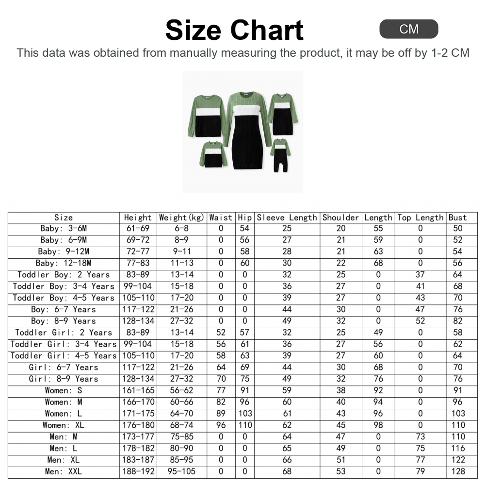 PatPat Family Matching Sets Green Color Block Long Sleeves Ribbed Tops/Dress/Romper