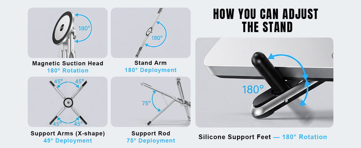 4 in 1 Foldable Laptop Stand Magnetic Phone Holder Aluminum Portable Desk Mount with Tripod Handle for Pro iPad Travel Vlogging