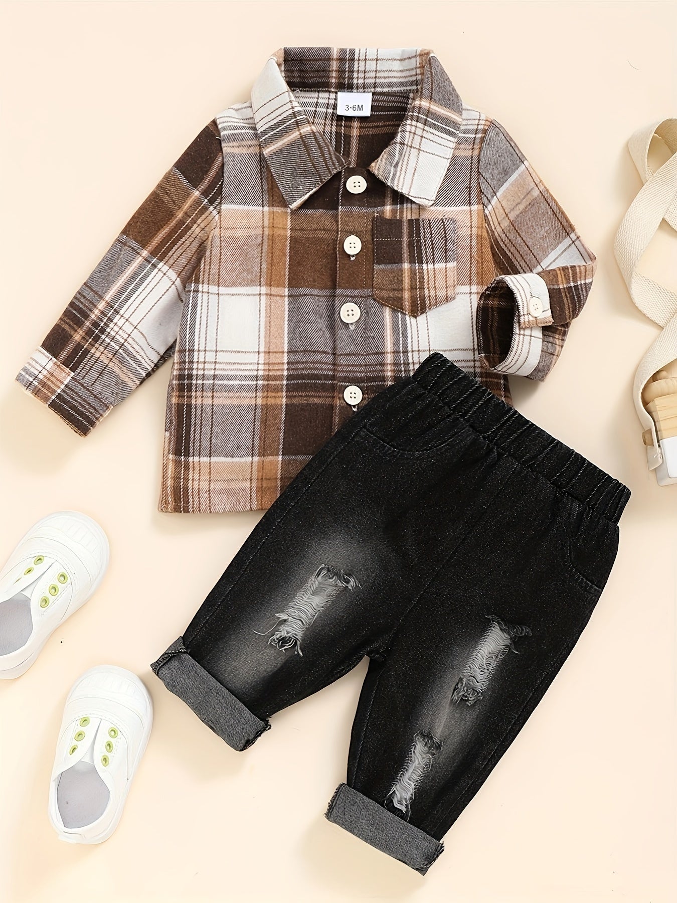 Boy's Casual Plaid Button-Up Shirt & Ripped Imitation Denim Pants Set - Cozy Polyester, Non-Transparent, Perfect for Fall/Winter, Perfect for Outdoor