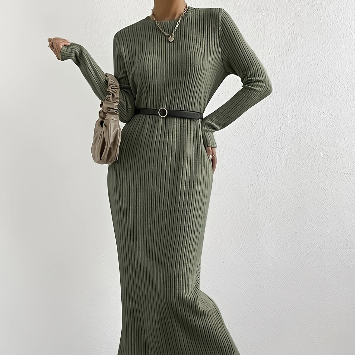 Women's Solid Color Ribbed Round Neck Long Sleeved Straight Tube Dress