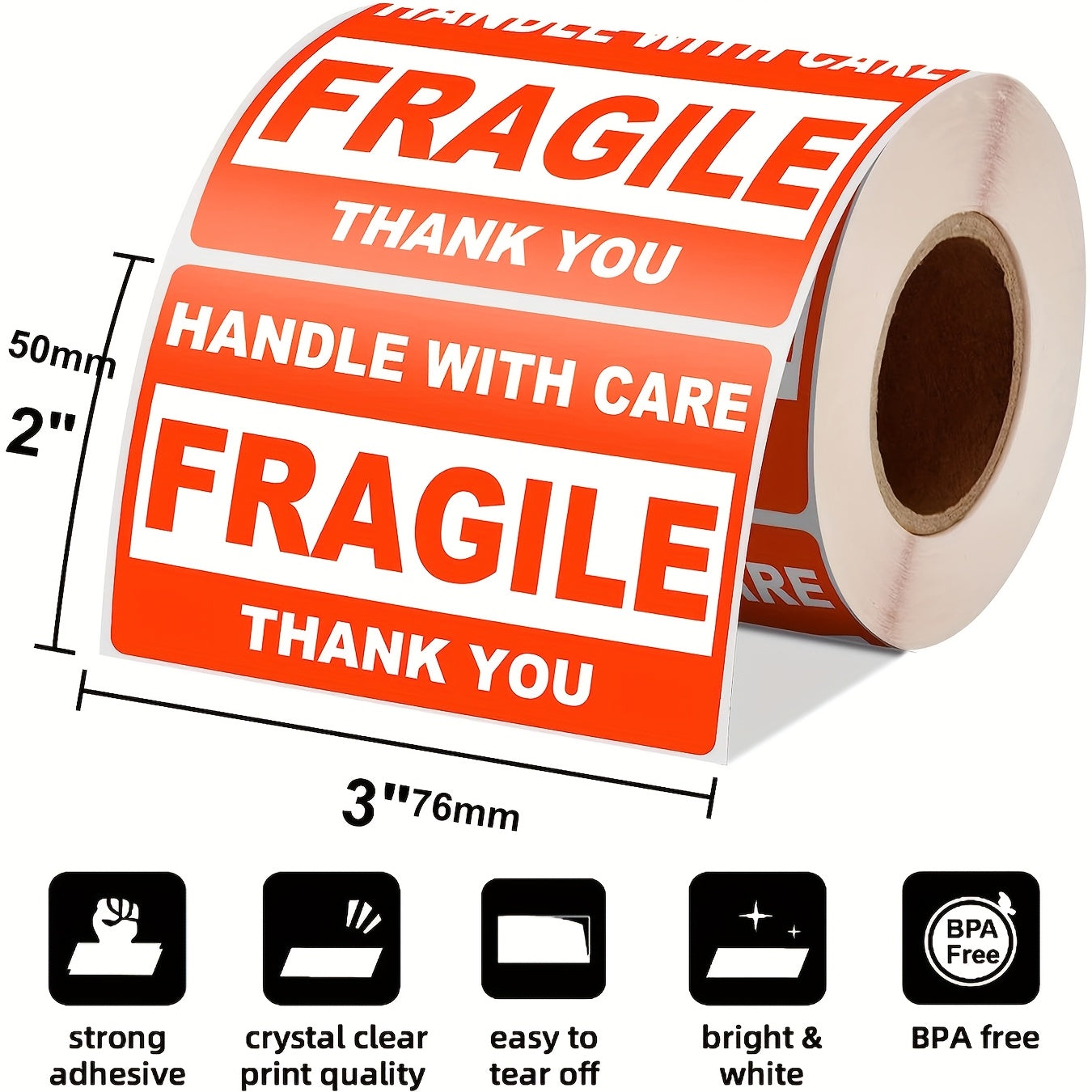 1 Roll 500 Fragile Shipping Labels, 3" x 2" Strong Adhesive Labels for Moving, Thank You, Warning Packaging - Durable Paper Stickers with Bold Text & Red Border, Shipping Labels for Packaging, Office Supplies, Label Stickers,