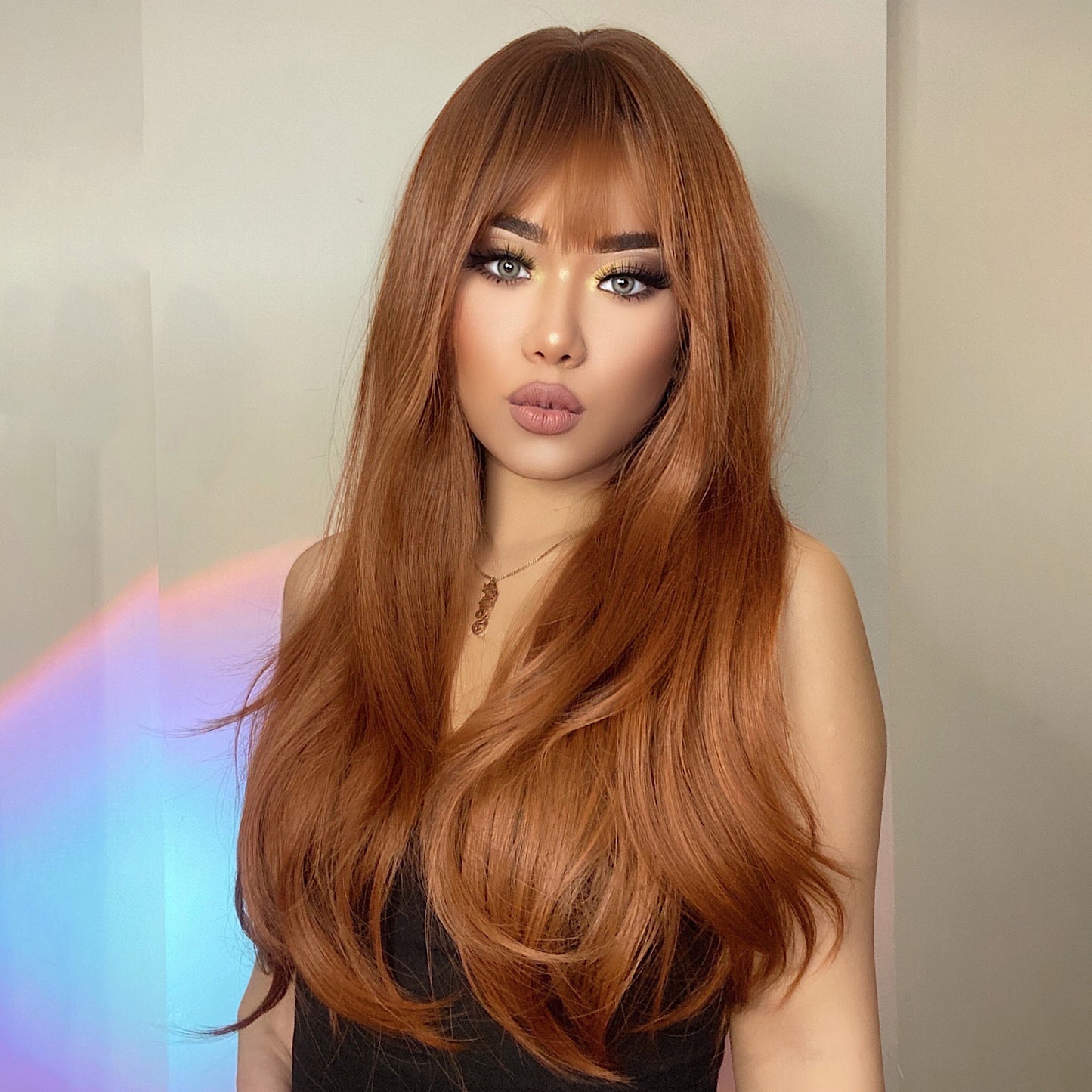 Ombre Copper Brown Ginger Wig with Bangs - Natural Straight Synthetic Hair Wig for Women - Realistic Looking Wig - 22 Inches Music Festival