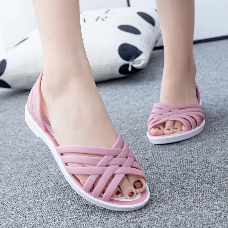 Sandals Summer New Hollow Out Beach Shoes Fashion Outdoor Jelly Sandalias Mujer Flat Casual Comfortable Soft Sole Mom Shoes image