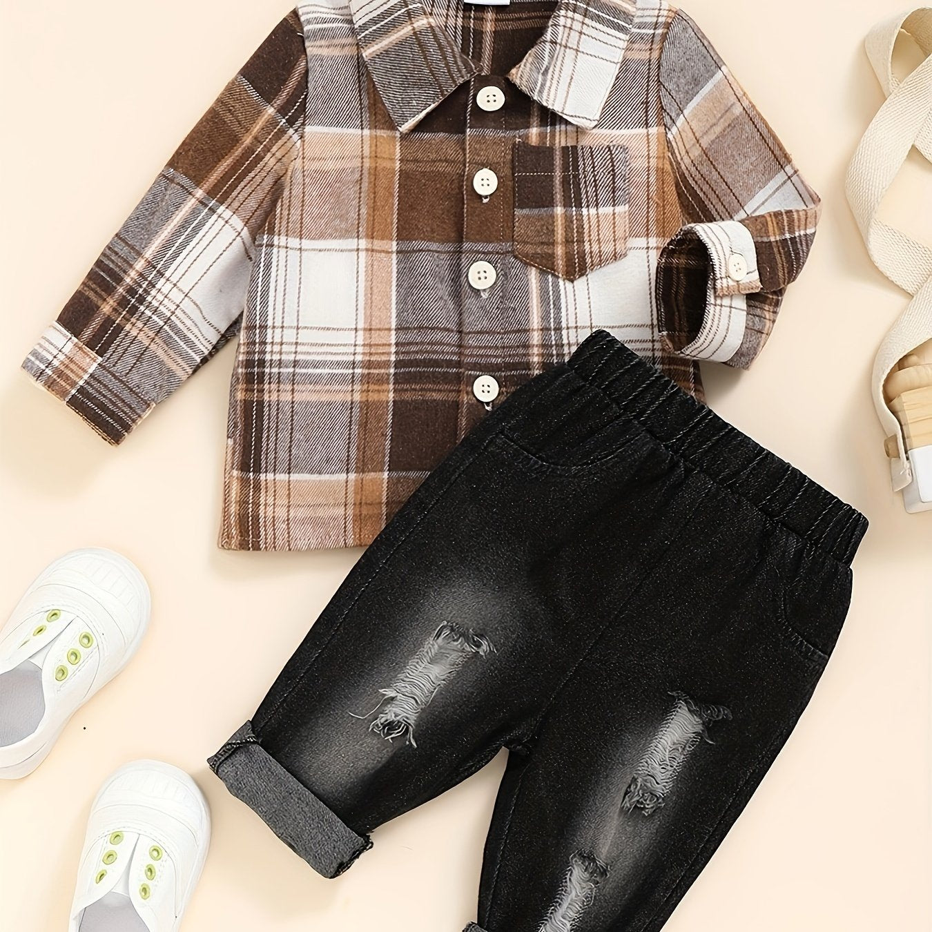Boy's Casual Plaid Button-Up Shirt & Ripped Imitation Denim Pants Set - Cozy Polyester, Non-Transparent, Perfect for Fall/Winter, Perfect for Outdoor