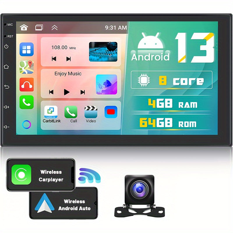8-Core 4+64G Android Double DIN Car Stereo, Wireless Wireless Android Auto, 7'' HD Touchscreen Car Radio With Backup Camera, Mirror Link, Wireless, GPS Navi, FM/RDS, Voice Control+AHD Camera