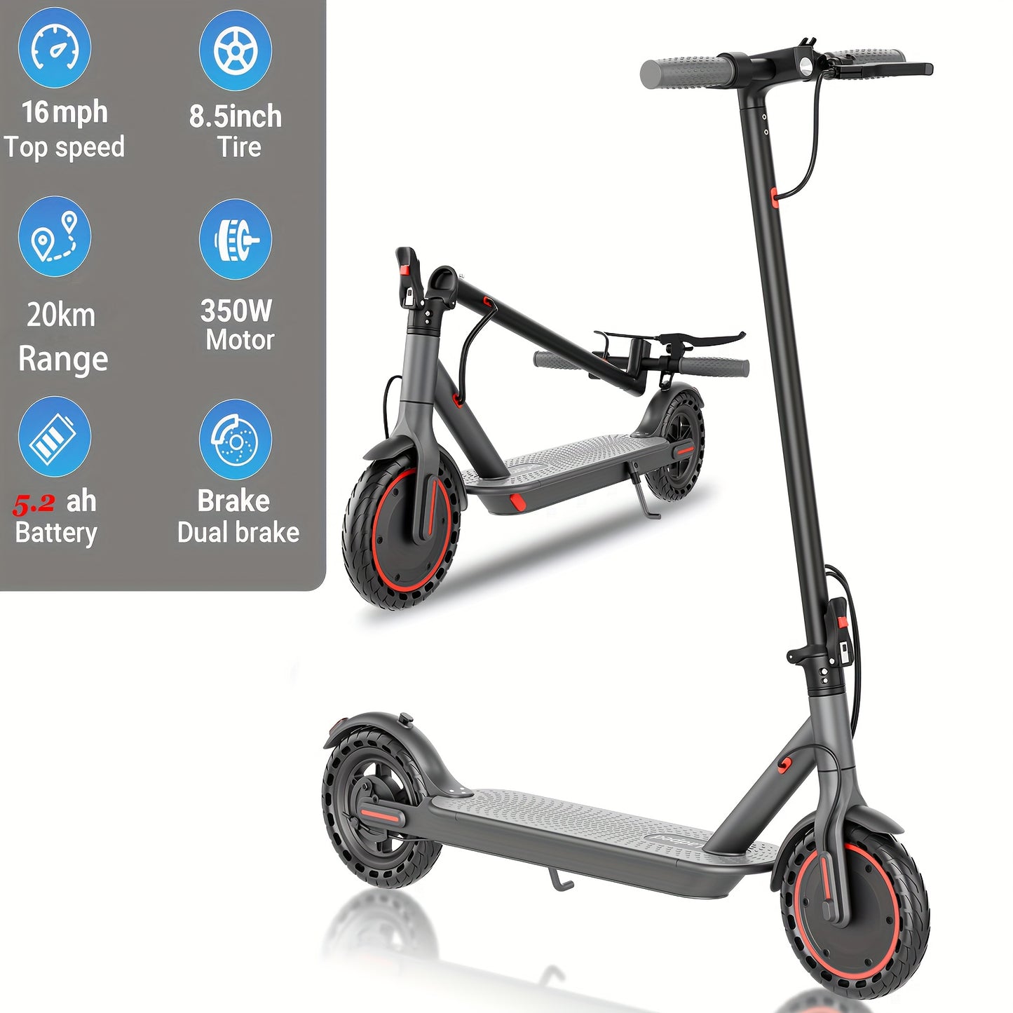 LADPED Electric Scooter | 350W 36V 5.2AH-10.5AH, 8.5" Solid Tires, 19 Mile Range, 3 Modes, High Speed, Foldable, Height Adjustable, Aluminum Alloy, Red and, Ideal for City Streets, Parks, Campus Pathways, Long