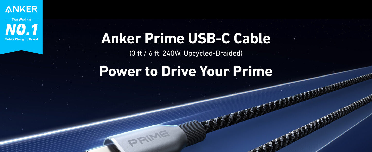 New Anker Prime USB C to USB C Cable, 240W 6 ft Fast Charging USB C Cable, Upcycled-Braided Nylon with 100-Year Bend Durability