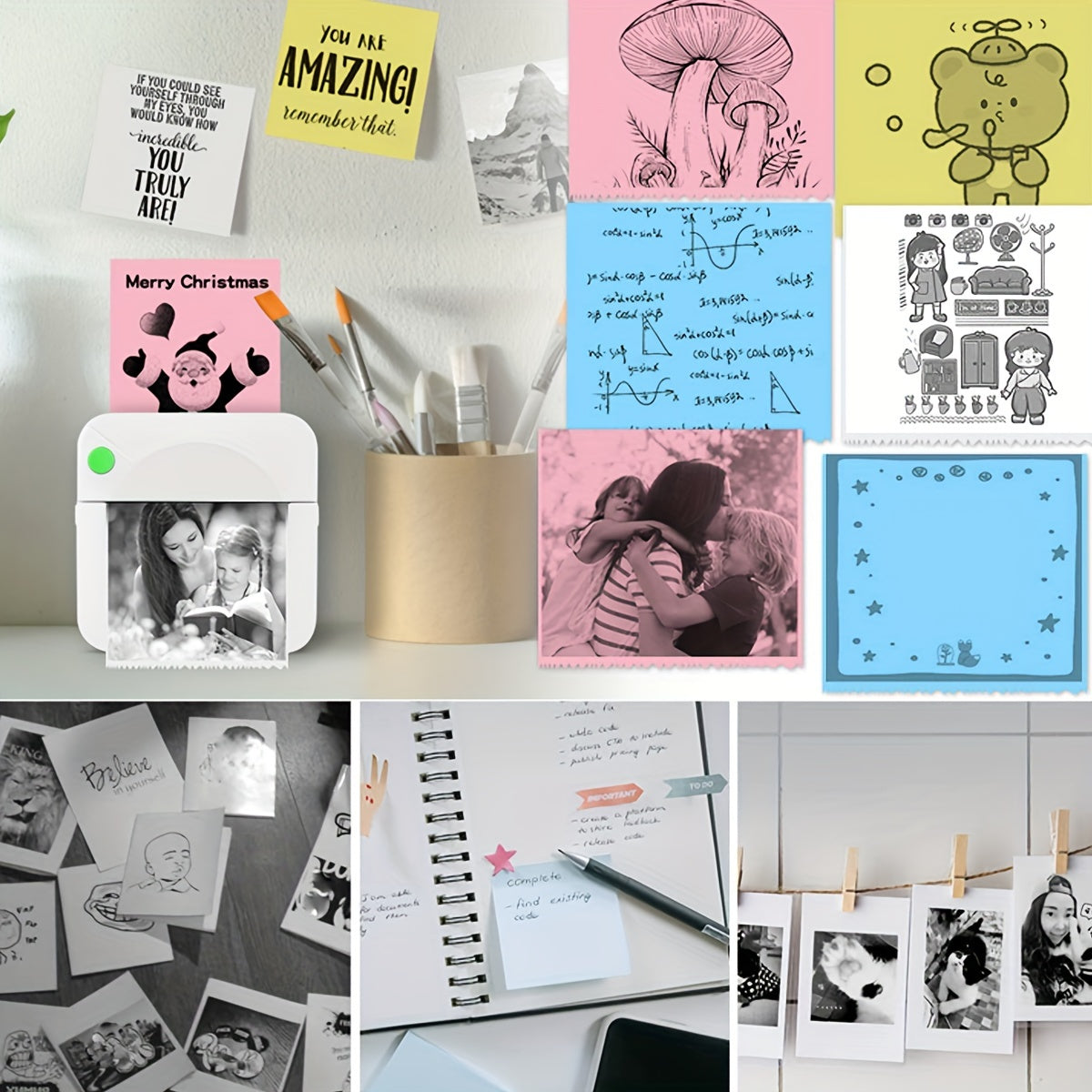 11 Rolls Portable Mini Wireless Thermal Photo Printer - Compact, Inkless, Single-Color Printing for Smartphone, Windows, Study Notes, Labels, and Receipts with Rechargeable Lithium Battery and USB Charging