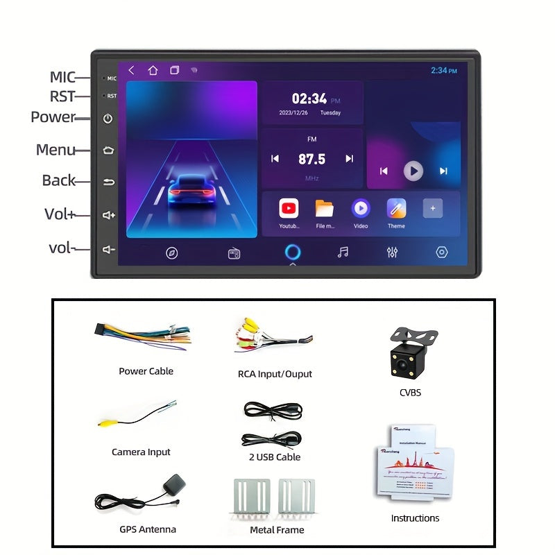 7in 1G RAM 16G ROM 1024*600 Android Radio Universal 2 DIN, Android System, Wireless, Split Screen Android 11.0 2 DIN Car Radio, Multimedia Video Player, Universal Automatic Stereo With GPS Map, FM, With Button Colorful Lights