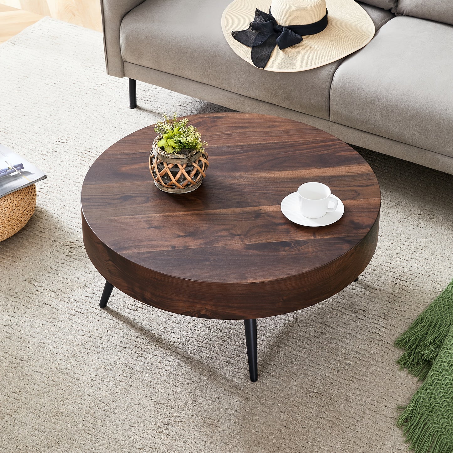 Wooden Coffee Table Modern Round Coffee Table Rustic Center Table with Metal Leg for Living Room Reception Room Office (Brown, Round), Clearance Sales Today Deals Prime, Tiny Home, Black Friday Deals 2024.