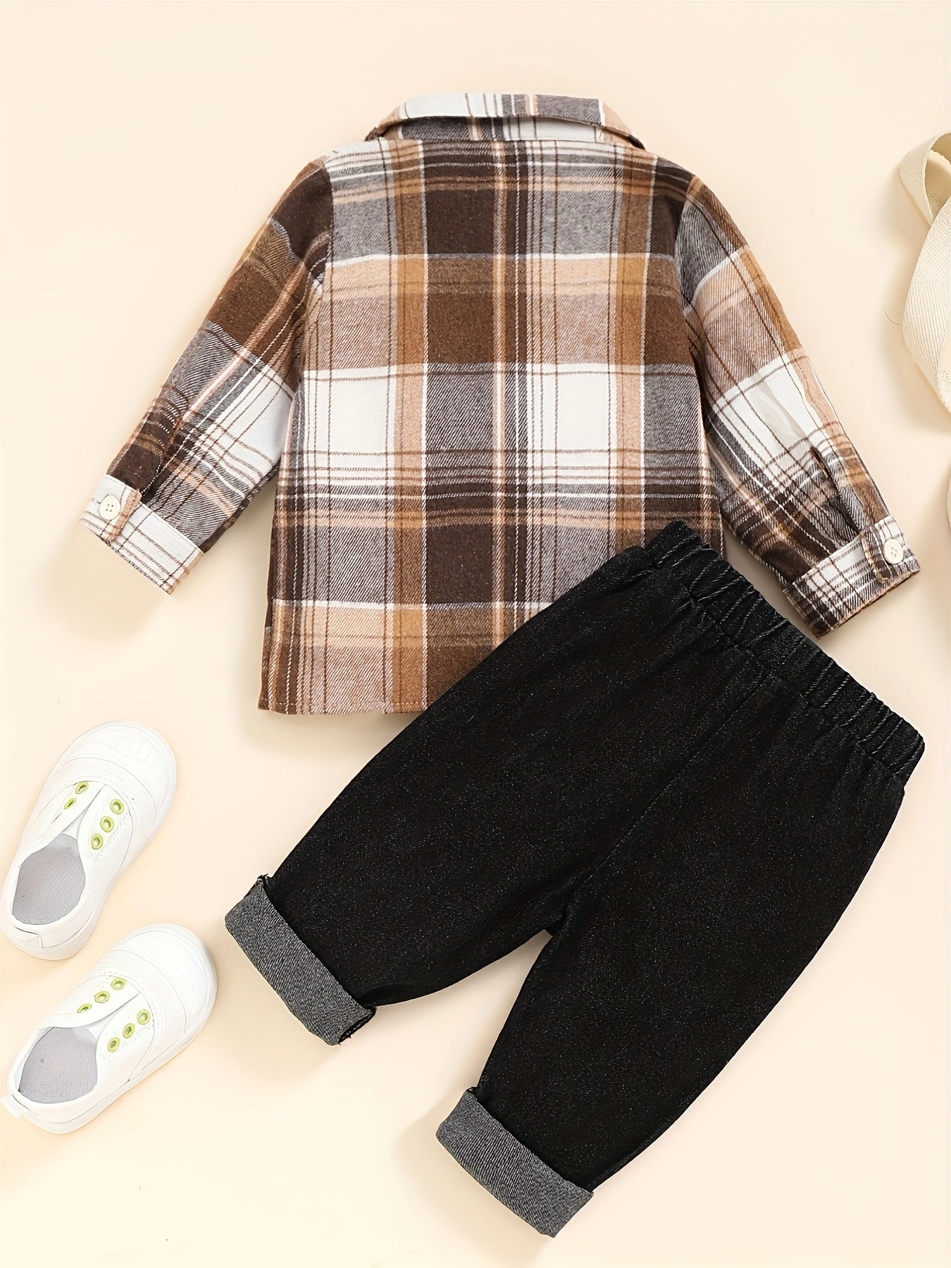 Boy's Casual Plaid Button-Up Shirt & Ripped Imitation Denim Pants Set - Cozy Polyester, Non-Transparent, Perfect for Fall/Winter, Perfect for Outdoor