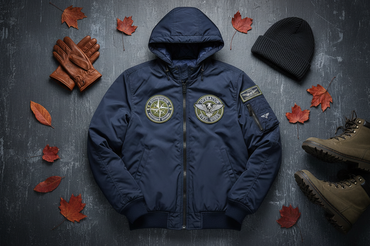 TACE&SHARK Autumn Winter Fashion Men's Blue Windbreakers Embroidery Military Bomber Jacket Business Coat Casual Outerwear